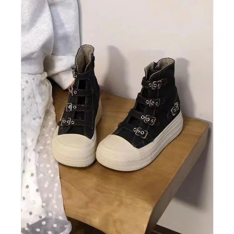 2024 Spring and Autumn New Thick soled Short tube Canvas Boots French Casual Breathable Buckle Fashion Women's Single Shoes