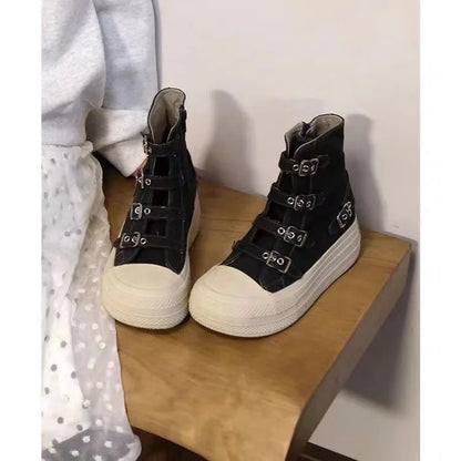2024 Spring and Autumn New Thick soled Short tube Canvas Boots French Casual Breathable Buckle Fashion Women's Single Shoes