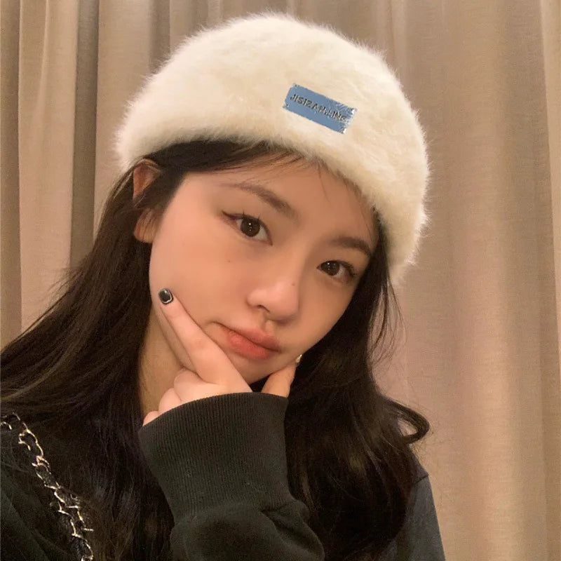 Women Reversible Rabbit Fur Beret Winter Warm Double Sided Knit Hat Retro Painter Cap for Oval Round Face
