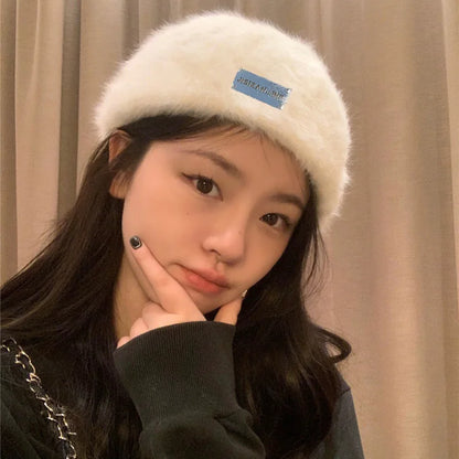 Women Reversible Rabbit Fur Beret Winter Warm Double Sided Knit Hat Retro Painter Cap for Oval Round Face