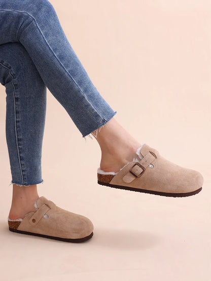 Comwarm Fur Lined Clogs For Women Men Winter Fuzzy Cork Slippers Fur Cork Mules Short Plush House Cork Shoes Winter zuecos mujer