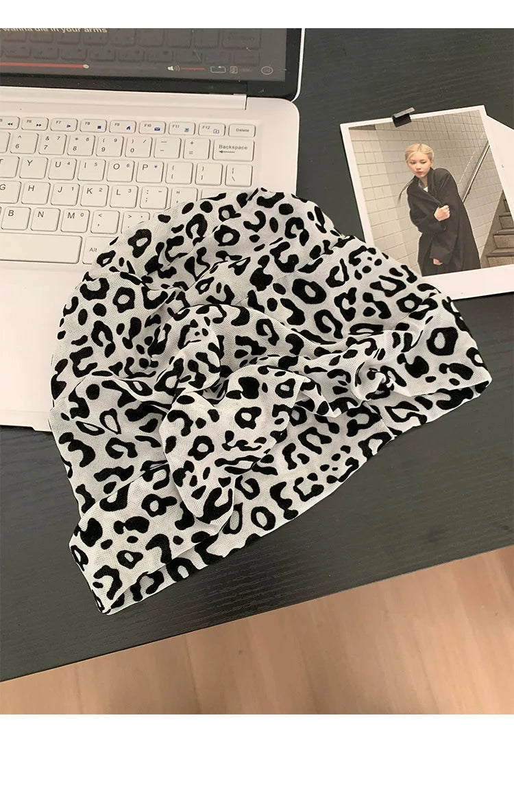 American Leopard Print Pullover Short Brim Stacking Hat Women's Spring and Summer Personality Big Head Thin Skull Beanie Cap