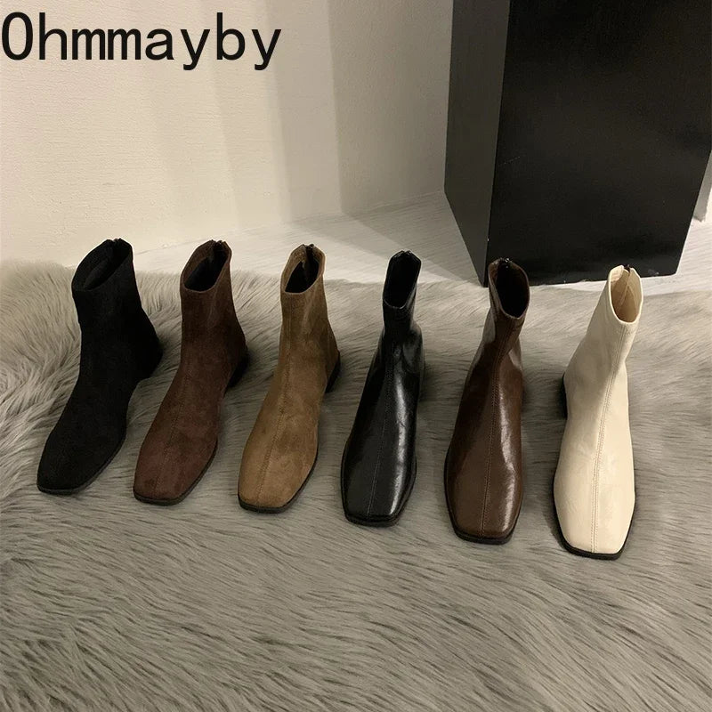 2026 Spring Autumn Women Modern Ankle Boots Fashion Square Toe Short Booties Ladies Casual Low Heel Shoes