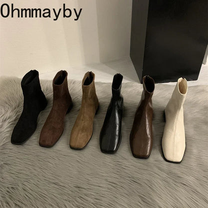 2026 Spring Autumn Women Modern Ankle Boots Fashion Square Toe Short Booties Ladies Casual Low Heel Shoes