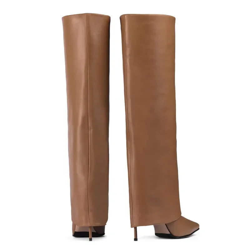 Autumn and Winter New Women's Knee High Leather Boots, Pointed Thin High-heeled Skirt Boots, Black Plus Size Long Boots