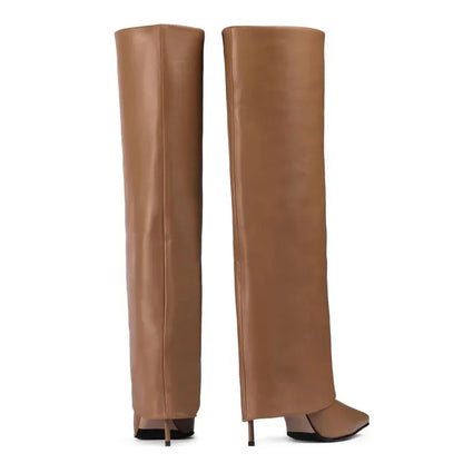 Autumn and Winter New Women's Knee High Leather Boots, Pointed Thin High-heeled Skirt Boots, Black Plus Size Long Boots