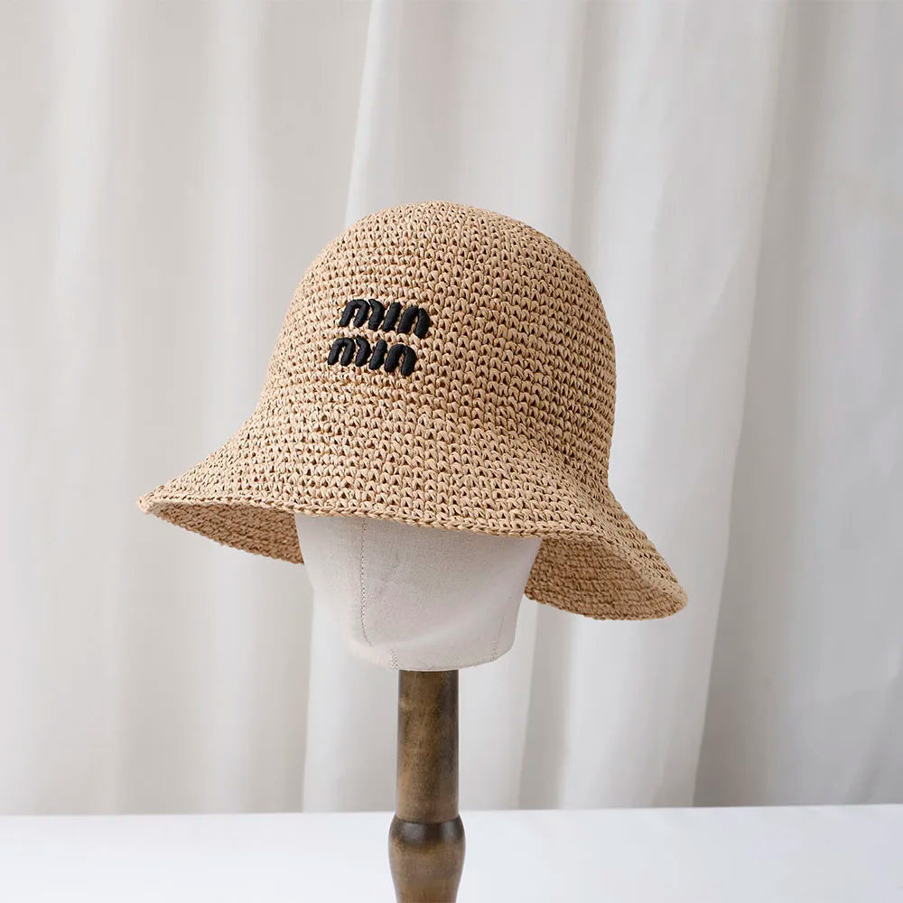 NEW Handmade High quality letter embroidery Sun Hat Wide Brim Floppy Summer Hats For Women Beach Panama Straw Dome Bucket Hat
