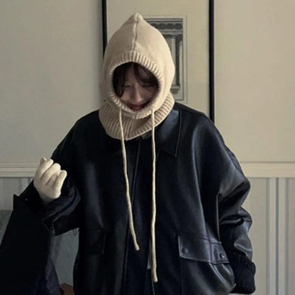 Knitted Soft Women Balaclava Hat Fashion Fake Collar Hooded Hat Neck Collar Warmer Beanies Cap Ear Protection Bonnet Hooded Caps