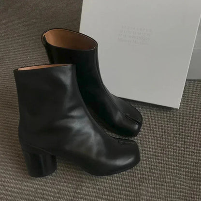 Luxury Brand Design Leather Tabi Boots Fashion Round Chunky High Heel Ankle Boots For Women Autumn Winter Split Toe Shoes
