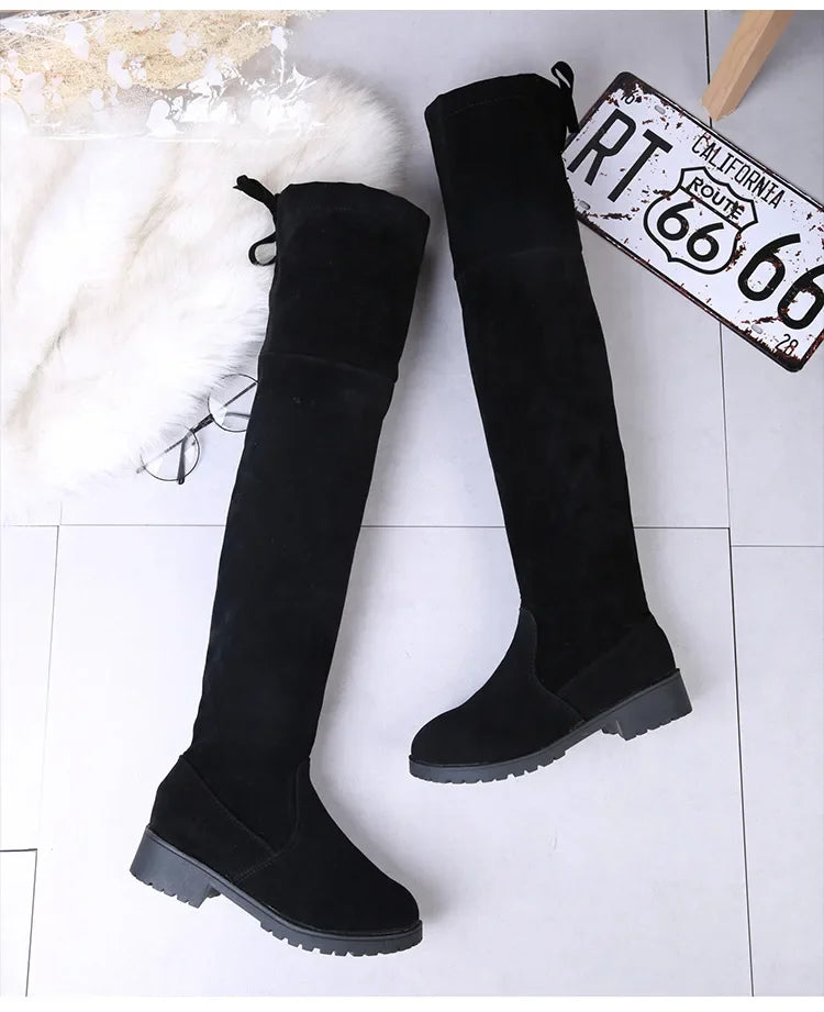2025 Faux Suede Female Heels Autumn Winter Elastic Knee-high Boots for Women Tube Lace-up Thigh Boots Black Botas