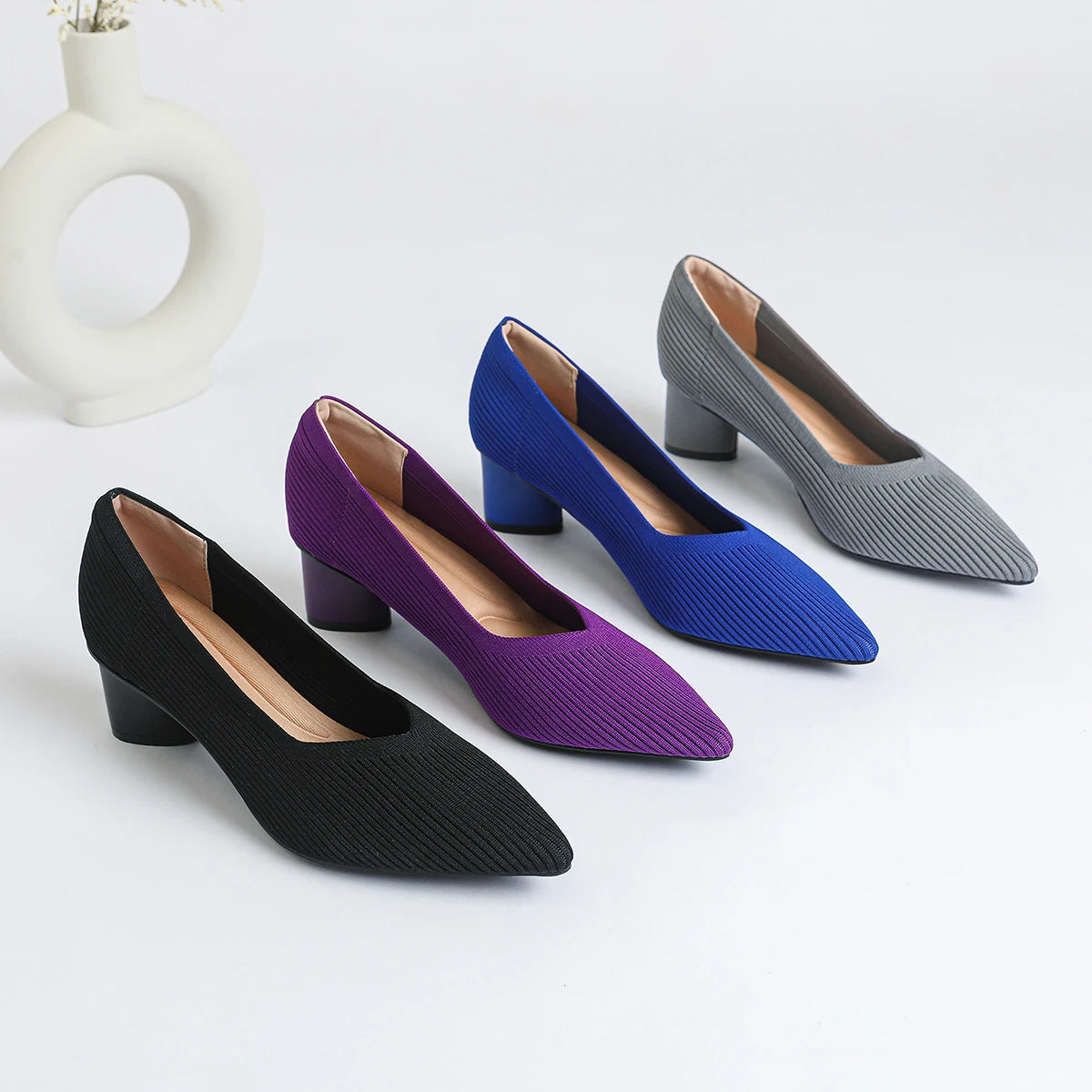 Women's high heels, pointed knit breathable and comfortable shoes (5cm high), new for autumn 2024