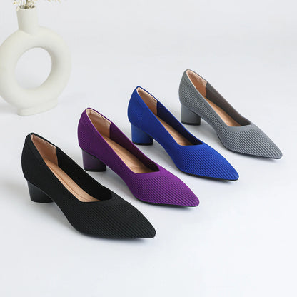 Women's high heels, pointed knit breathable and comfortable shoes (5cm high), new for autumn 2024