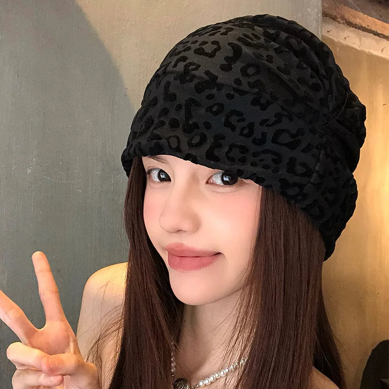 American Leopard Print Pullover Short Brim Stacking Hat Women's Spring and Summer Personality Big Head Thin Skull Beanie Cap