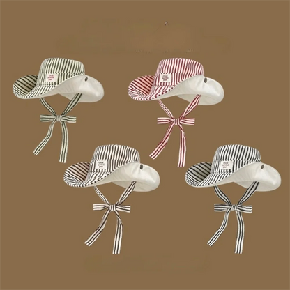 Retro Wide Brim Reversible Bucket Hat UV Protection Breathable Striped Sun Hat Windproof Foldable Fishmen Hat Vacation