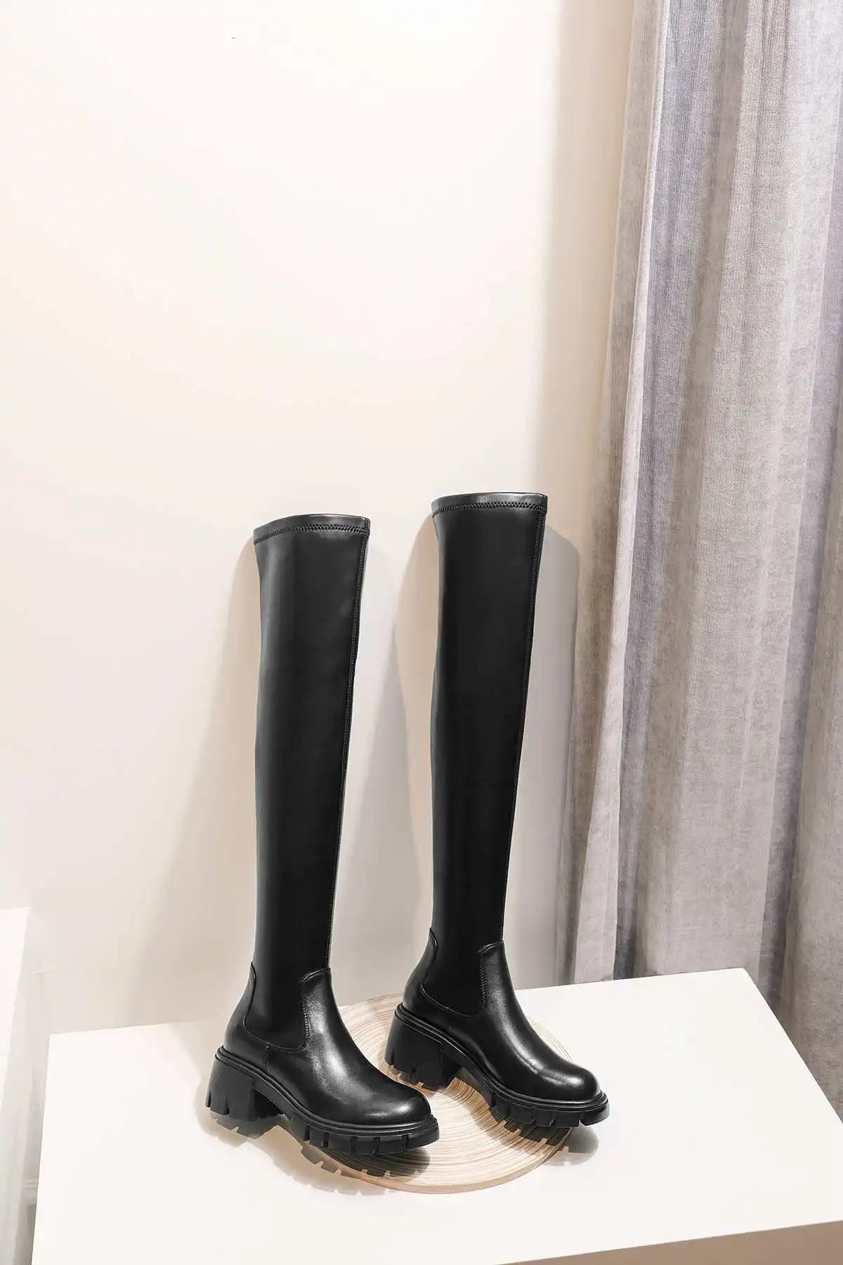 Krazing Pot Big Size Cow Leather Stretch Over-the-knee Boots Platform Round Toe High Heels Winter Women Warm Thigh High Boots