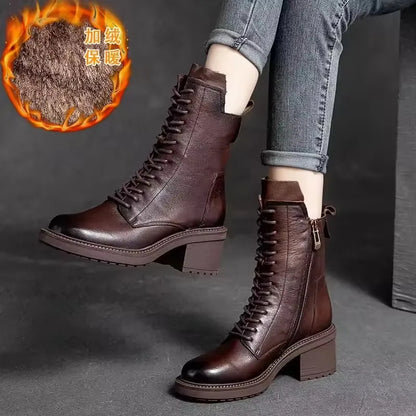 GKTINOO 2026 Cow Leather Quality Women Shoes Autumn Winter Square Med Heel Ankle Boots Lace Up Zipper Ladies Pumps Size 35-40