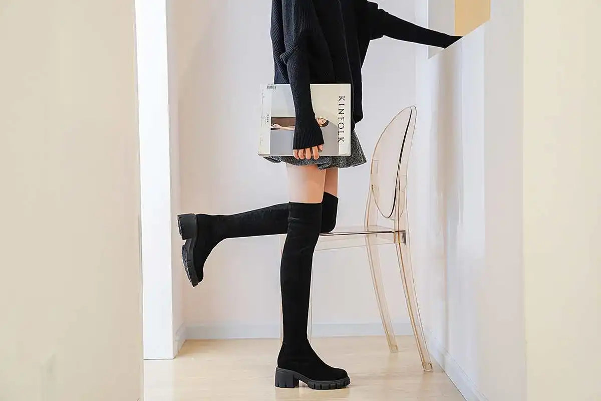 Krazing Pot Big Size Cow Leather Stretch Over-the-knee Boots Platform Round Toe High Heels Winter Women Warm Thigh High Boots