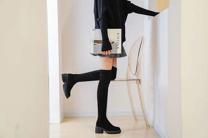 Krazing Pot Big Size Cow Leather Stretch Over-the-knee Boots Platform Round Toe High Heels Winter Women Warm Thigh High Boots