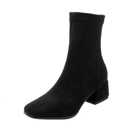 NASBAVI Woman Ankle Boots 2025 Autumn Winter Round Toe Low Heel Flock Black Comfortable Booties Lady Shoes Zapatos Mujer