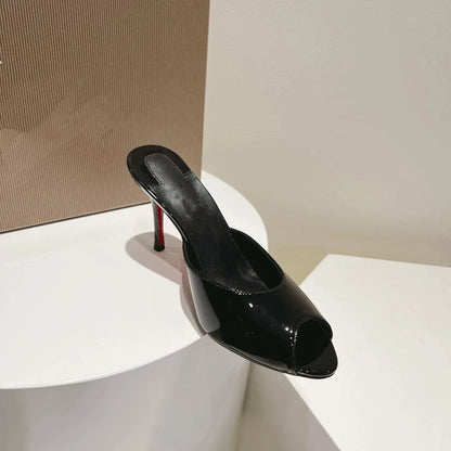 2026 New Black Fish Mouth Ultra High Women's Shoes, Sexy High Heels, Wearing Straight Pointed Lacquer Leather Open Toed Slippers