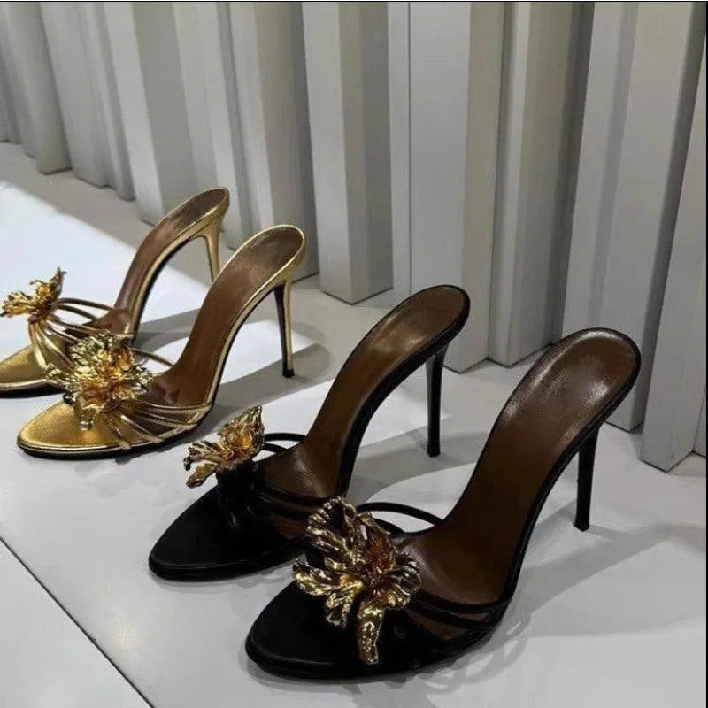 2025 Women Black Gold Genuine Leather Gold Metal Flower Open Toe Shallow Slip On  Stiletto Heel Slide Slippers Sandals