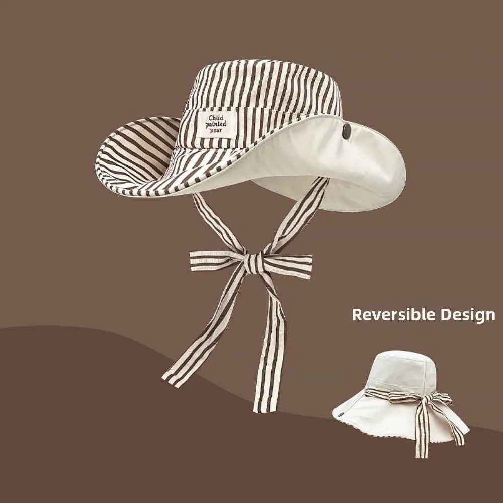 Retro Wide Brim Reversible Bucket Hat UV Protection Breathable Striped Sun Hat Windproof Foldable Fishmen Hat Vacation