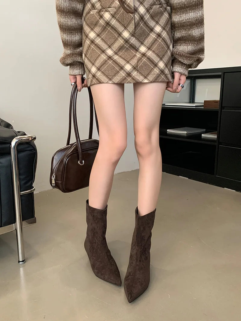 Autumn Winter Pointed Toe Ankle Boots Women Designer Vintage Thin Low Heel Shoes Modern SHort Botas Zapatos De Mujer