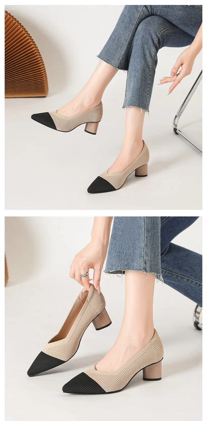 Women's high heels, pointed knit breathable and comfortable shoes (5cm high), new for autumn 2024