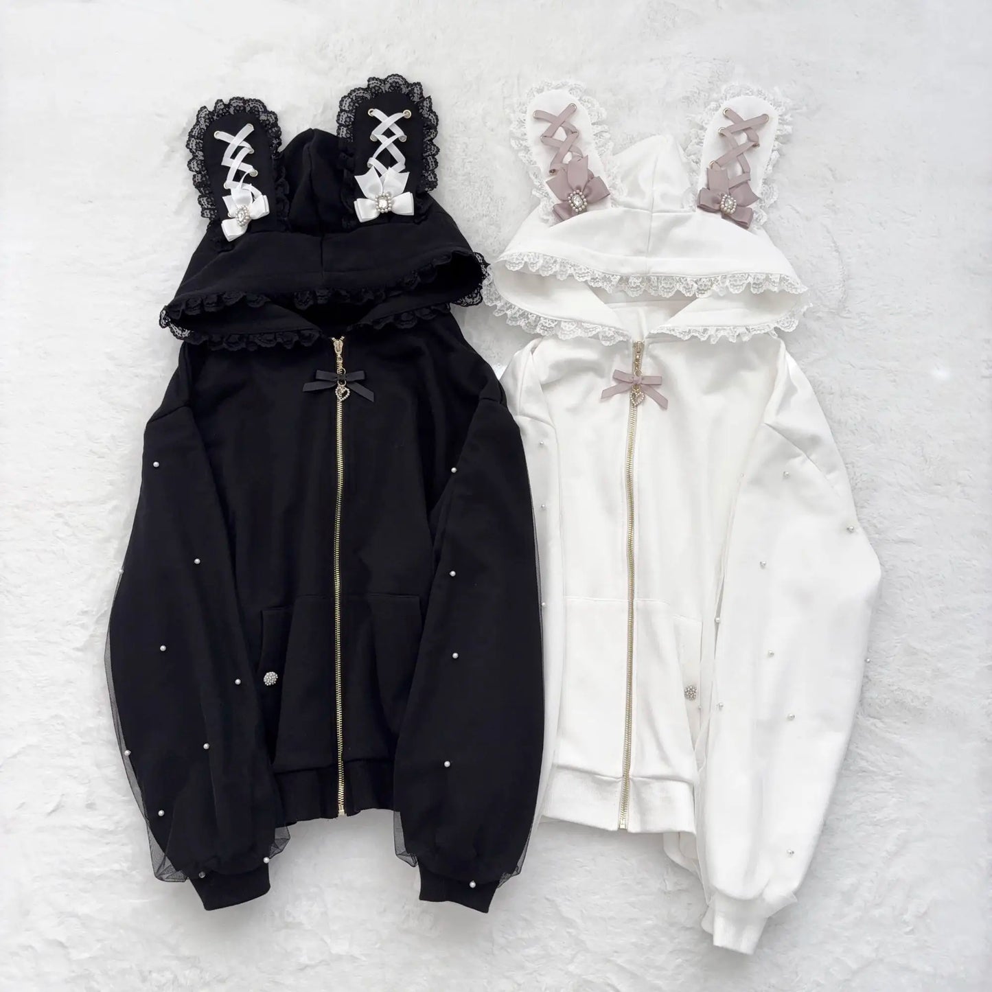 Japanese Pearl Gauze Patchwork Coats Women Y2k Aesthetic Lace Rabbit's Ears Jackets Casual Oversized Harajuku Kawaii Hoodies Top