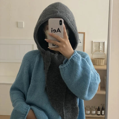 Winter Y2K Wool Knitted Balaclava Hat Fashion Fake Collar Shawl Hooded Hat Outdoor Pullover One-piece Neck Collar Warm Beanies
