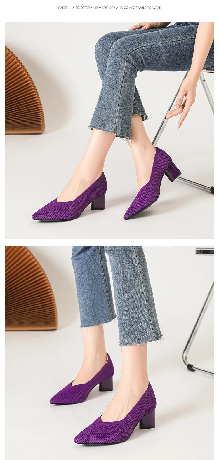 Women's high heels, pointed knit breathable and comfortable shoes (5cm high), new for autumn 2024