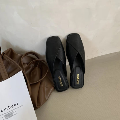 Women Shoes Mules Designer Square Toe 2025 Autumn Ladies Fashion Slippers New Slides Female Outside Beach Big Size Casual Basic