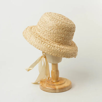 2023 Children Hand-knitted Raffia Retro Flat Top Sun Hats Girls and Boys Summer Travel Sunscreen Vacation Straw Hat with Lacing