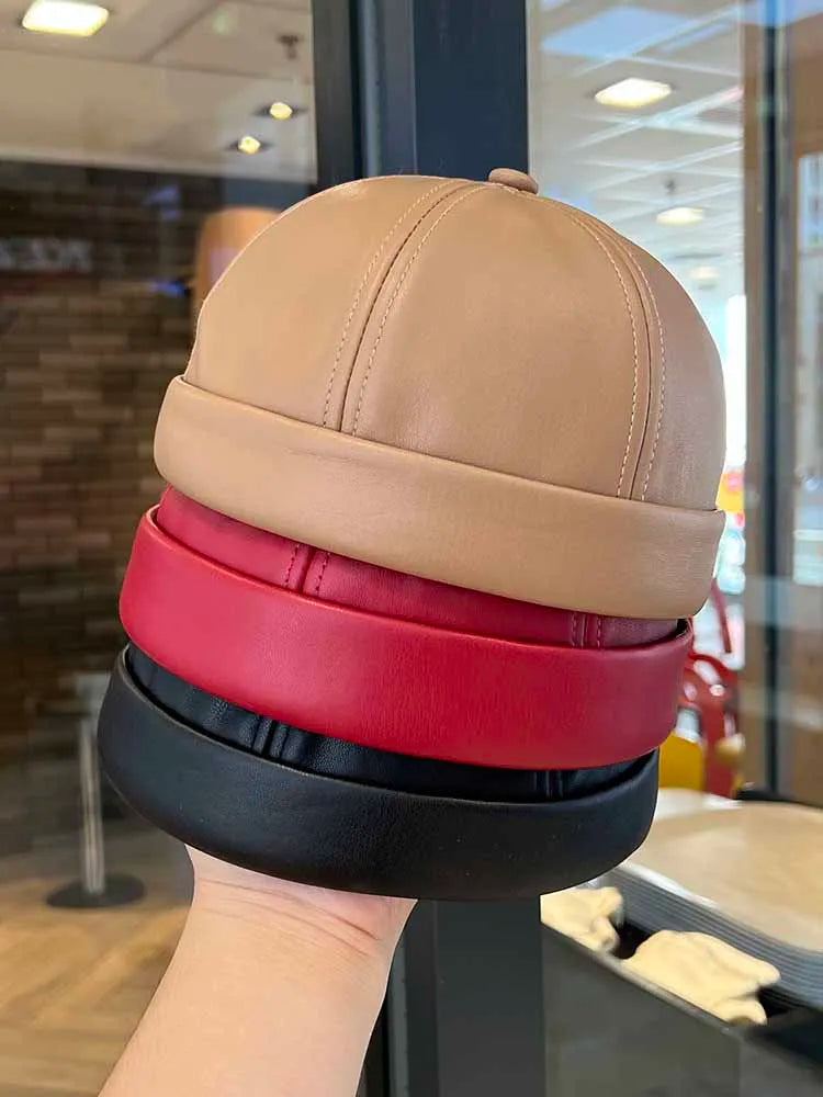 Spring and summer vintage leather landlord hat with adjustable hip hop and brimless melon skin hat suitable for men and women