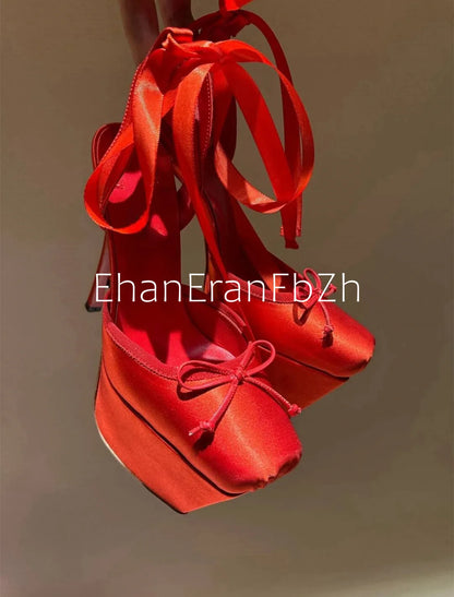 European and American Summer Women's Thick Bottom Stiletto Sandals Square Headband Butterfly Wedding Party Ballet High Heels
