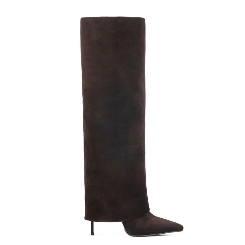 Autumn and Winter New Women's Knee High Leather Boots, Pointed Thin High-heeled Skirt Boots, Black Plus Size Long Boots