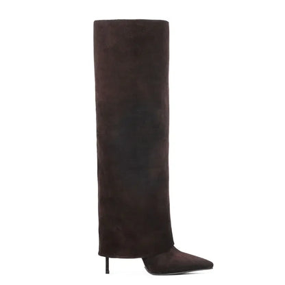 Autumn and Winter New Women's Knee High Leather Boots, Pointed Thin High-heeled Skirt Boots, Black Plus Size Long Boots