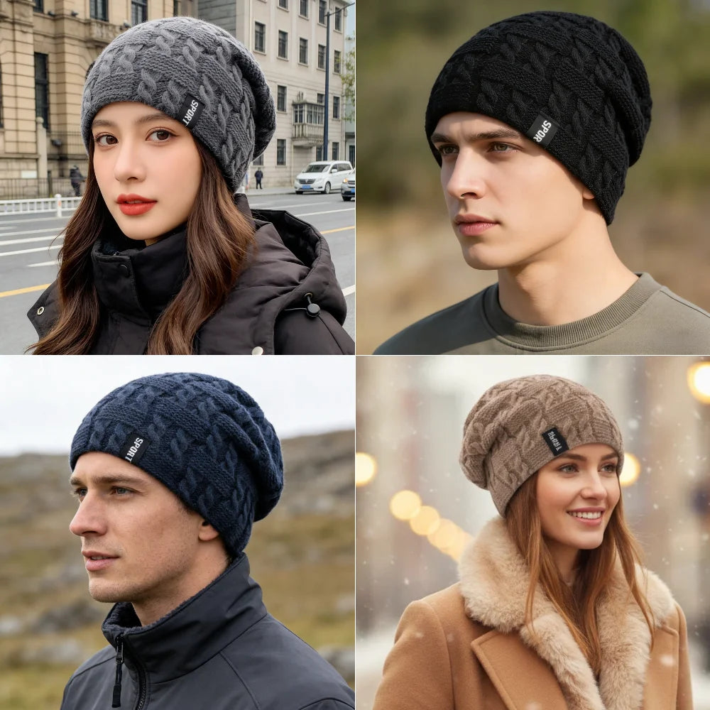New Women Winter Hats Female Sports Label Casual Beanie Hat Fleece Lined Warm Knitted Hats