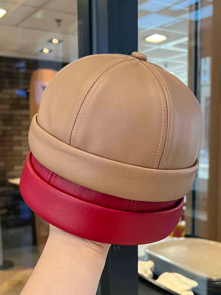 Spring and summer vintage leather landlord hat with adjustable hip hop and brimless melon skin hat suitable for men and women