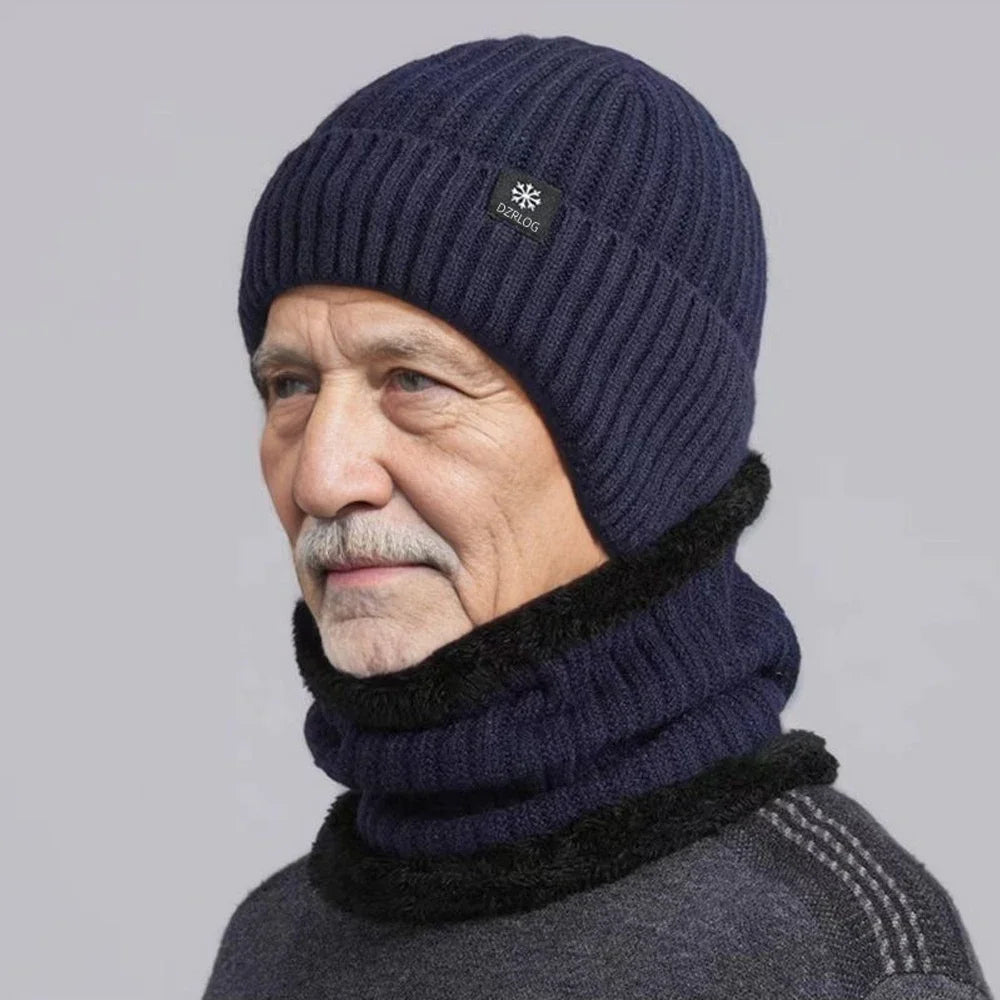 Men Winter Knitted Hat with Neck Scarf Plush Warmth Peaked Cap Earmuff 2025 Fashion Faux Fur Bomber Hats Cycling Ear Protection