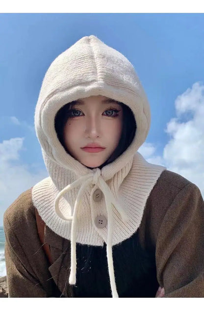 Knitted Hooded Caps Winter Balaclava Hats Women Korean Style Outdoor Warmer Drawstring Hats One-piece Neck Collar Beanies Cap