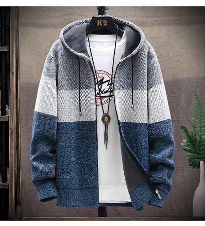 Men's Knit Sweater Fleece Coat Striped Jackets Fashion Hoodies Winter Autumn Thick Warm Windbreaker Pullovers Male Clothing