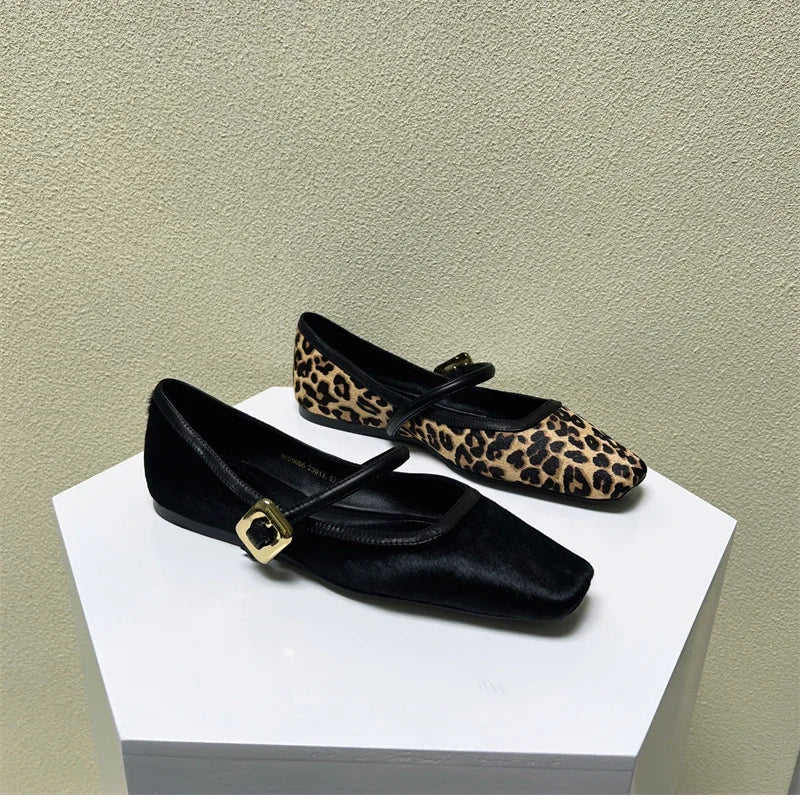 Designer Spring Autumn Women Leopard Shoes Fashion Shallow Buckle Ladies Flats Shoes Square Toe Women's Mary Jane Shoes