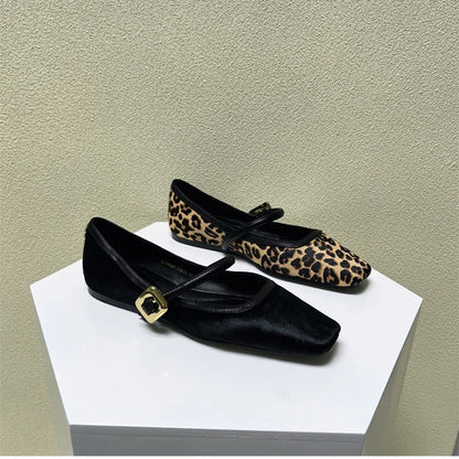 Designer Spring Autumn Women Leopard Shoes Fashion Shallow Buckle Ladies Flats Shoes Square Toe Women's Mary Jane Shoes