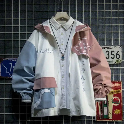 New 2025 Spring Woman Hooded Cute Shark Print Japanese Style Patchwork Teen Hoodies Jacket Fashion Harajuku Women Sweatshirt