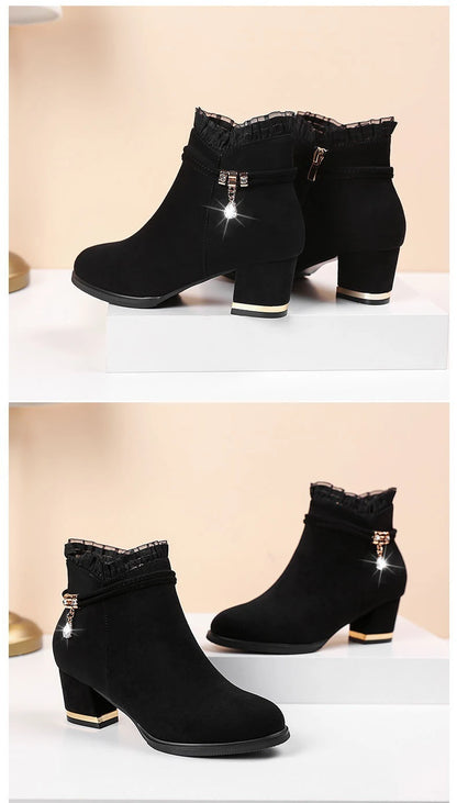 New Autumn Fashion Boots Women Fur Winter Warm Pointed Ankle Boots Sexy High Heel Rhinestone Decoration Zipper Women Boots