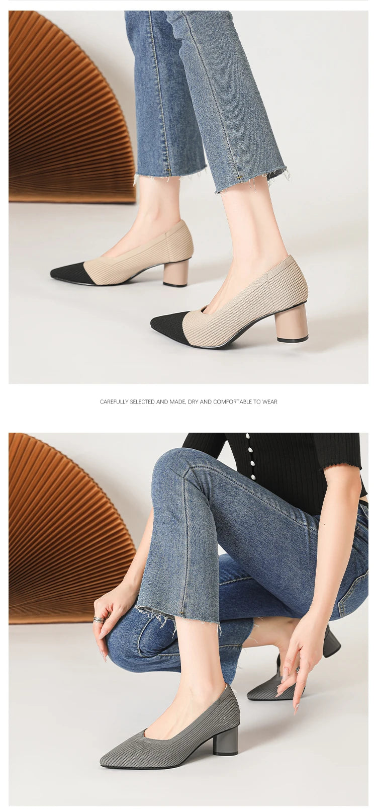 Women's high heels, pointed knit breathable and comfortable shoes (5cm high), new for autumn 2024