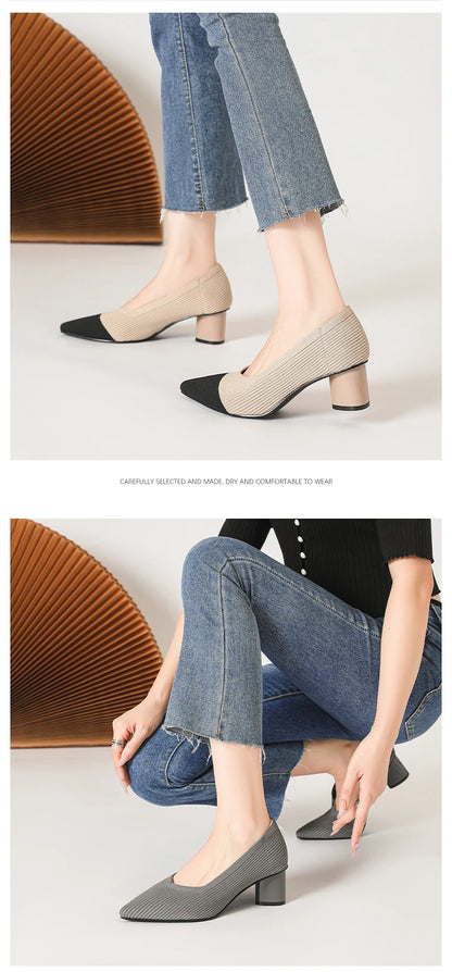 Women's high heels, pointed knit breathable and comfortable shoes (5cm high), new for autumn 2024