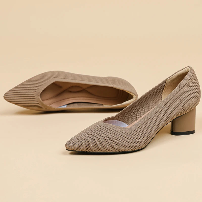 Women's high heels, pointed knit breathable and comfortable shoes (5cm high), new for autumn 2024