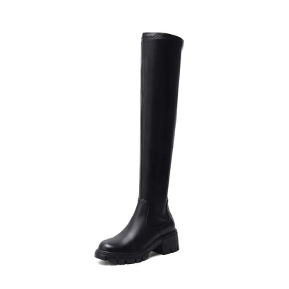 Krazing Pot Big Size Cow Leather Stretch Over-the-knee Boots Platform Round Toe High Heels Winter Women Warm Thigh High Boots